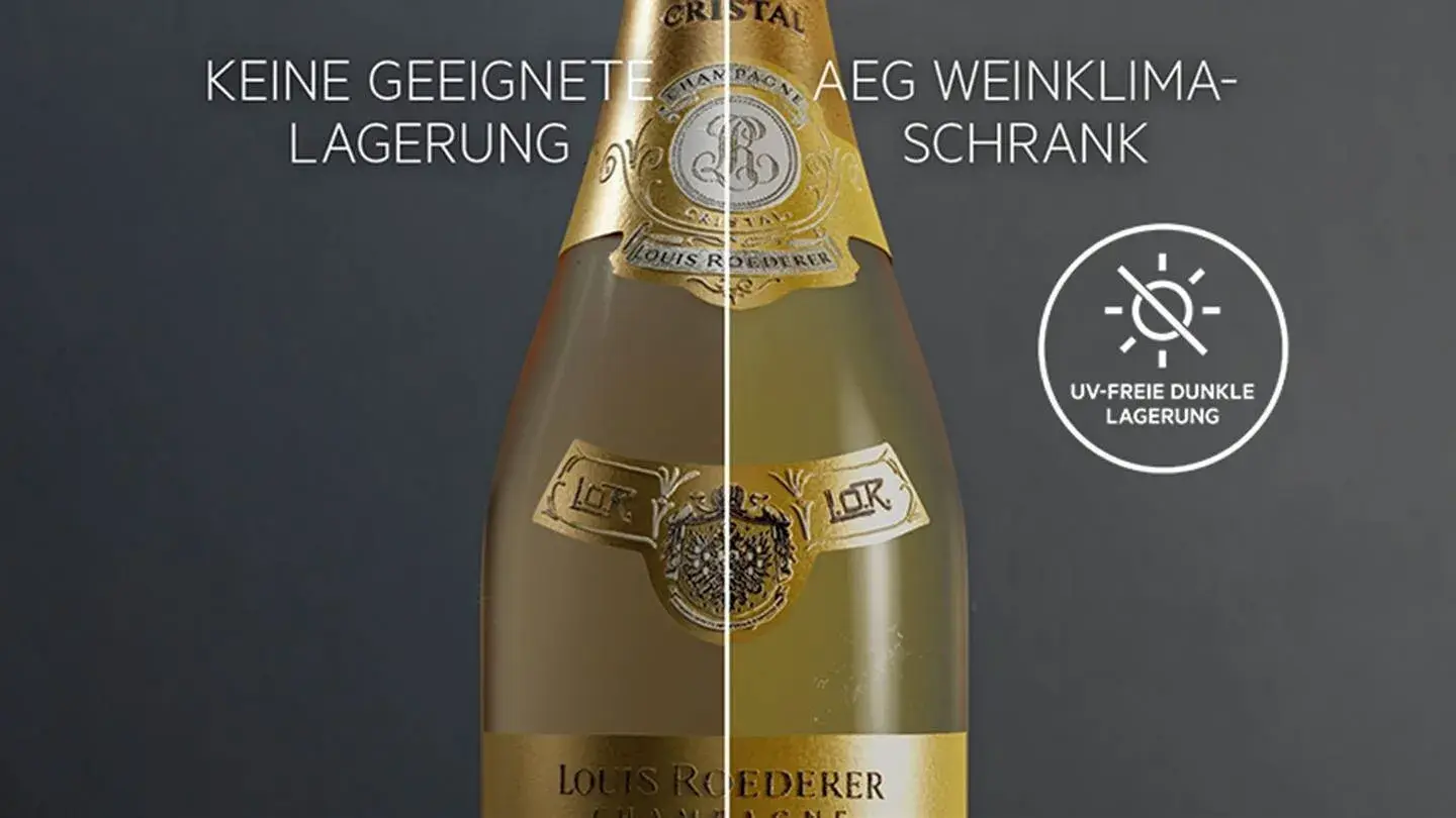 Weinflasche, an der die richtige UV-freie Lagerung gezeigt wird. 